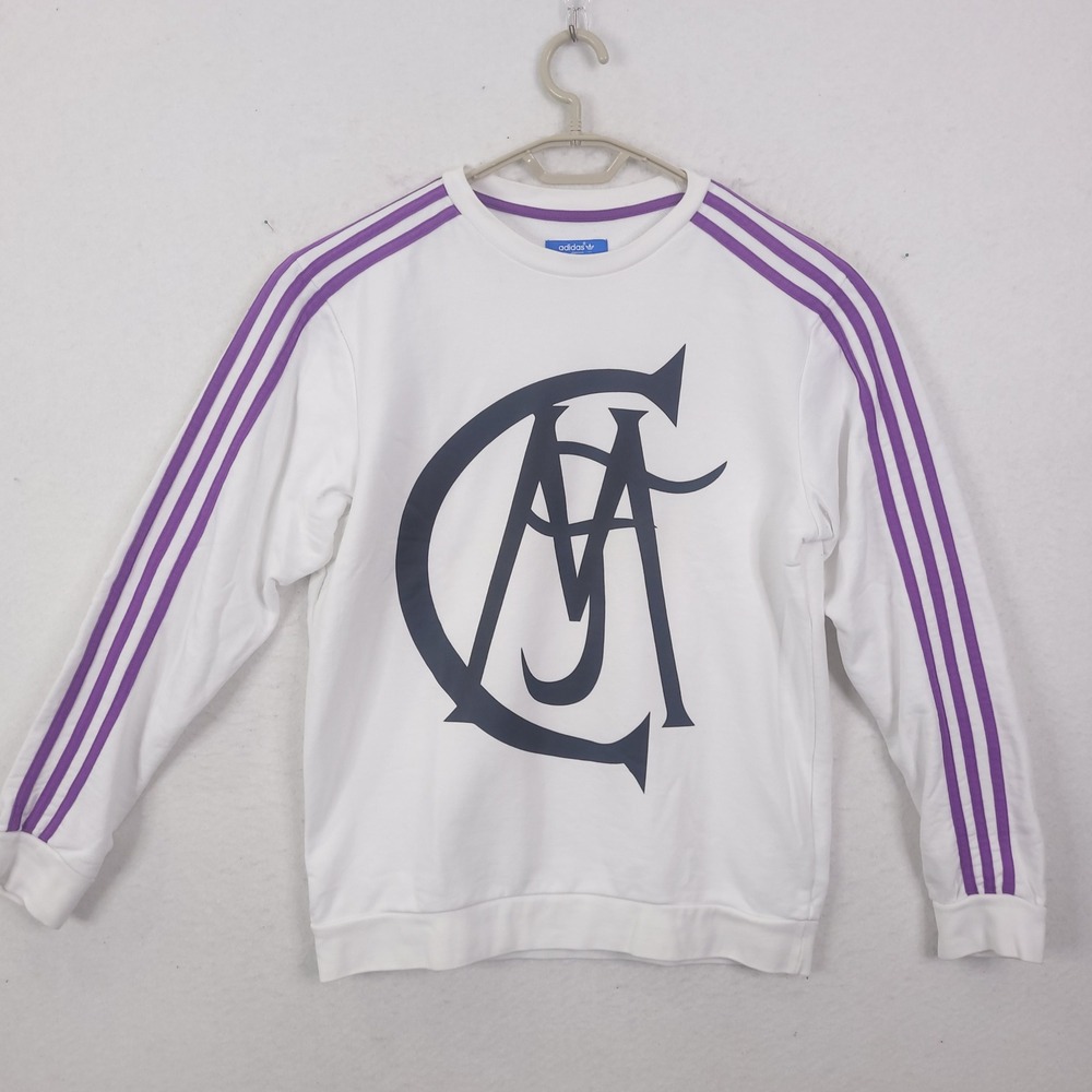 Real Madrid Adidas Sweatshirt Mens Medium White Purple Graphic Pullover Logo